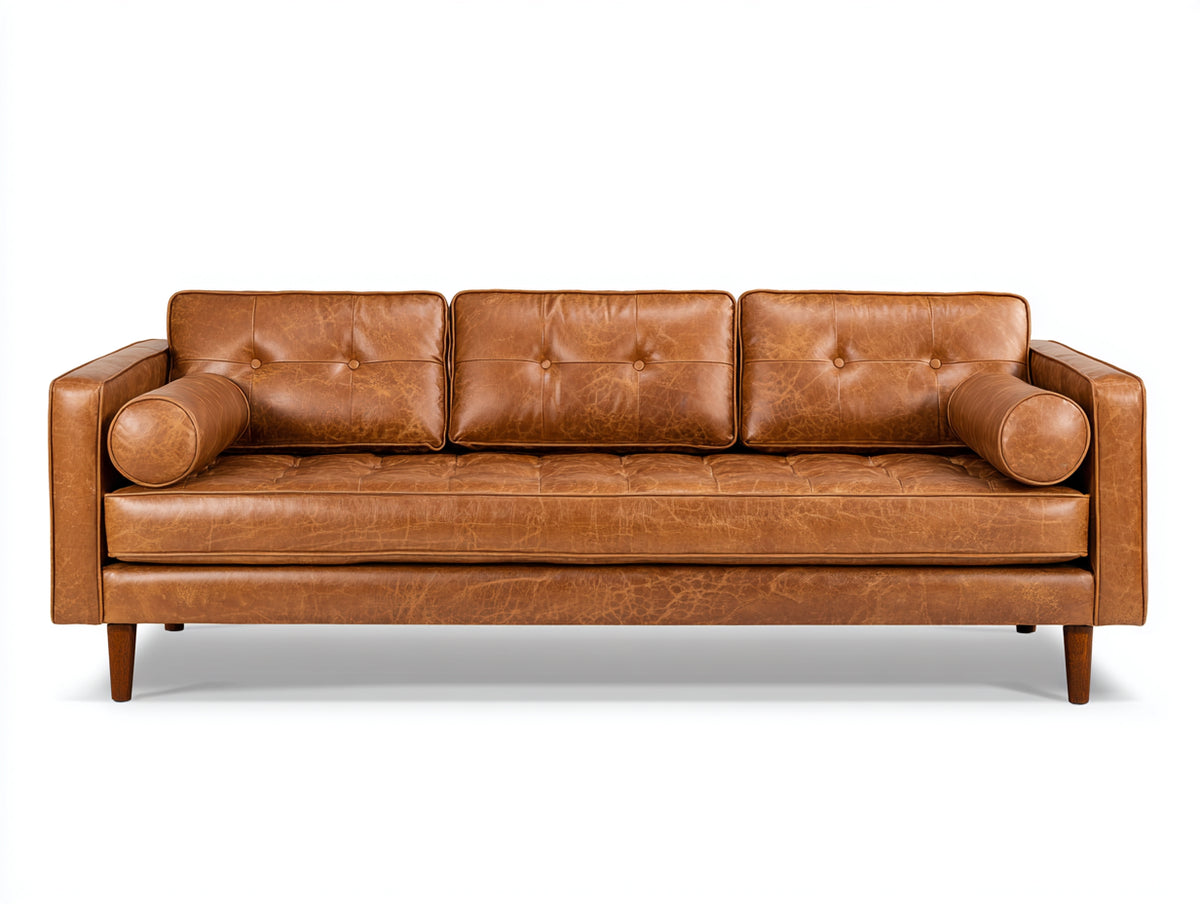 Sofás 3 plazas tapizado efecto piel 225 x 91 x 85 cm - marrón claro - diseño moderno con respaldo capitoné y patas de madera