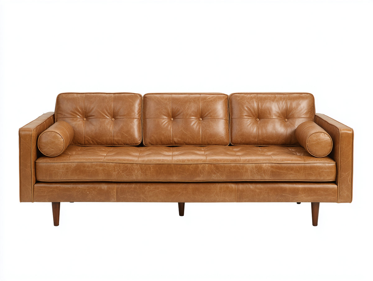 Sofás 3 plazas tapizados en cuero sintético 230x90x84 cm - marrón caramelo - diseño retro con patas de madera para salón