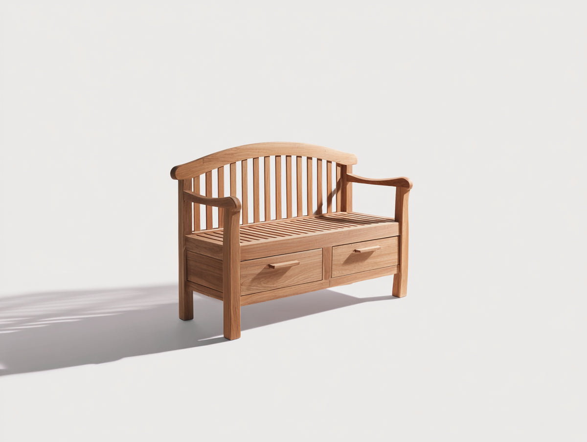 Bancos de jardín de madera 120 x 55 x 90 cm - marrón natural - diseño clásico con respaldo curvo y 2 cajones inferiores