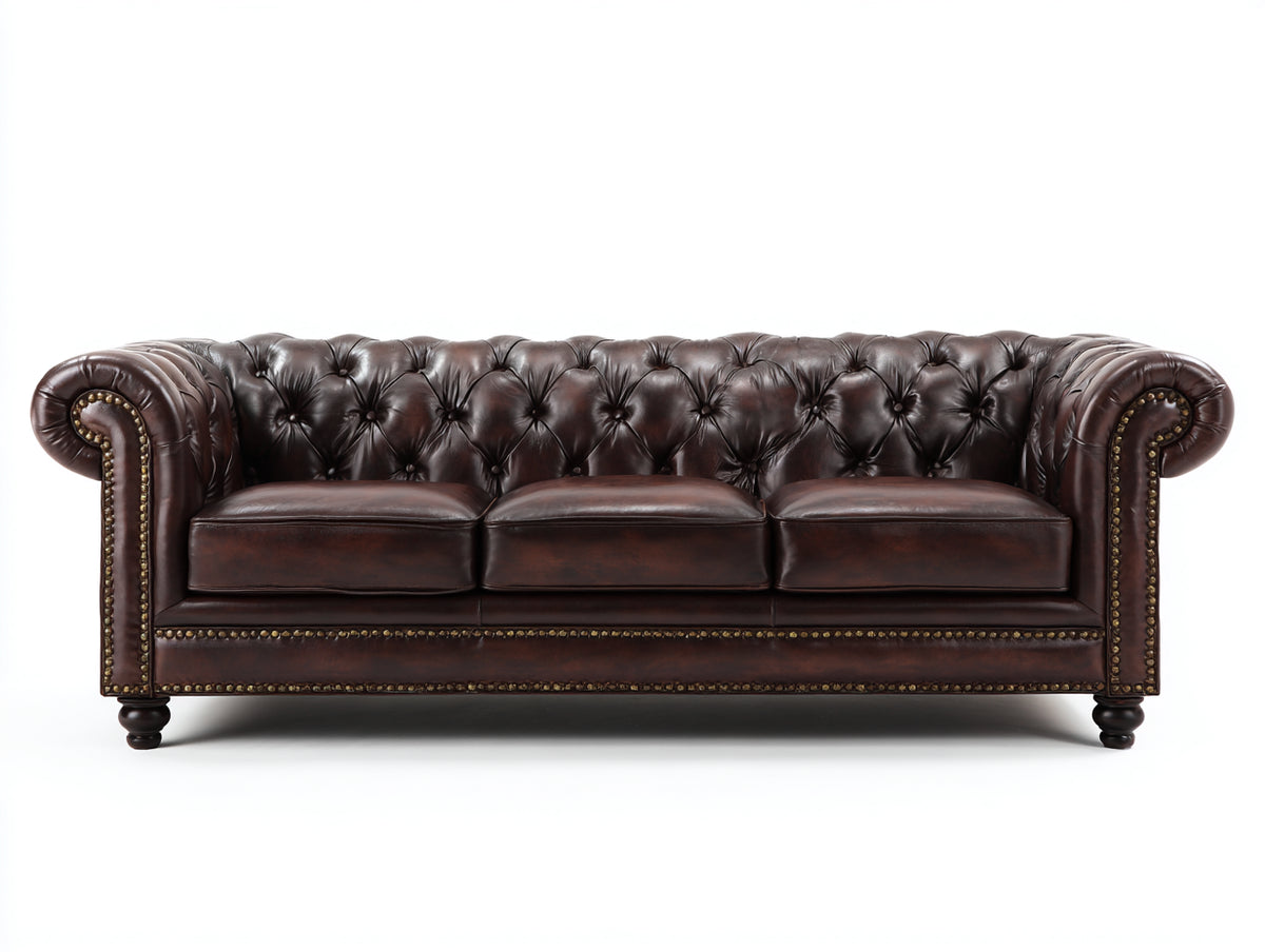 Sofás 3 plazas tapizados en cuero sintético 225x95x80 cm - marrón oscuro - capitoné con brazos enrollados