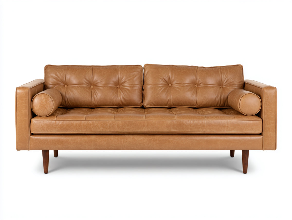 Sofás 3 plazas tapizado efecto piel 218 x 90 x 84 cm - marrón claro - diseño moderno con capitoné y patas de madera