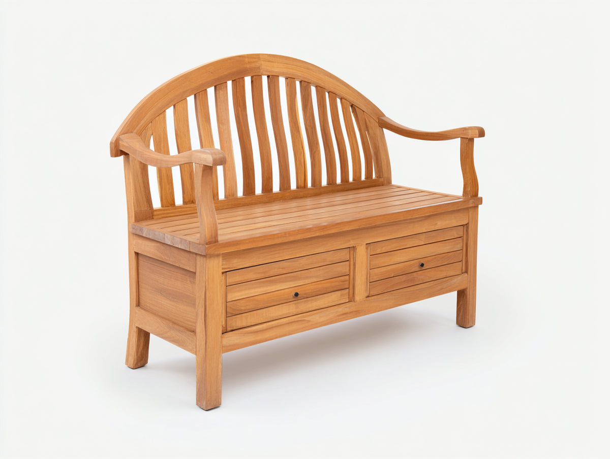 Bancos de jardín de madera 130x60x95 cm - marrón natural - con 2 cajones y respaldo curvo