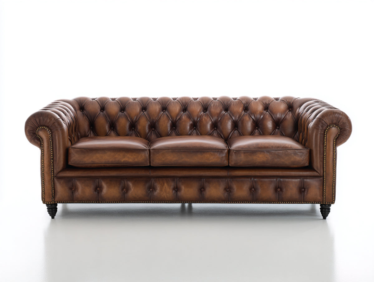 Sofás 3 plazas tapizado efecto piel 220 x 92 x 78 cm - marrón - diseño Chester clásico con capitoné