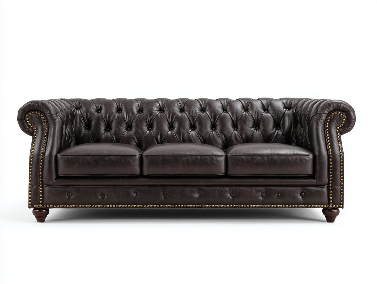 Sofás 3 plazas tapizados en cuero sintético 235x95x82 cm - marrón oscuro - capitoné clásico con brazos enrollados para salón
