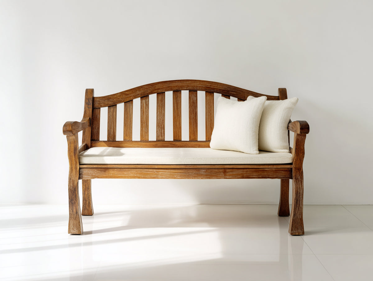 Bancos de jardín de madera 150 x 60 x 90 cm - marrón natural-beige - respaldo curvo con asiento acolchado