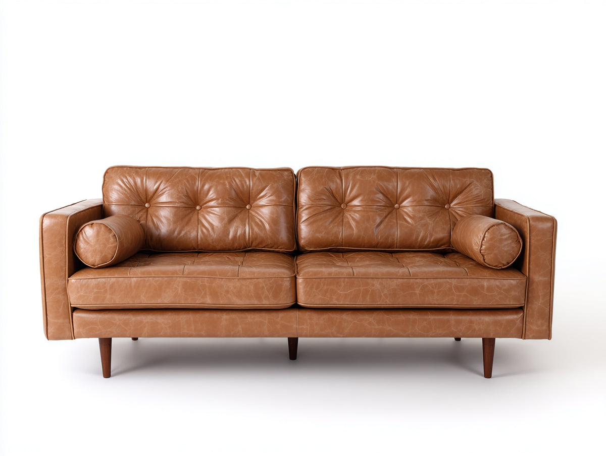 Sofás 3 plazas tapizados en cuero sintético 220x90x84 cm - marrón caramelo - diseño retro con patas de madera para salón