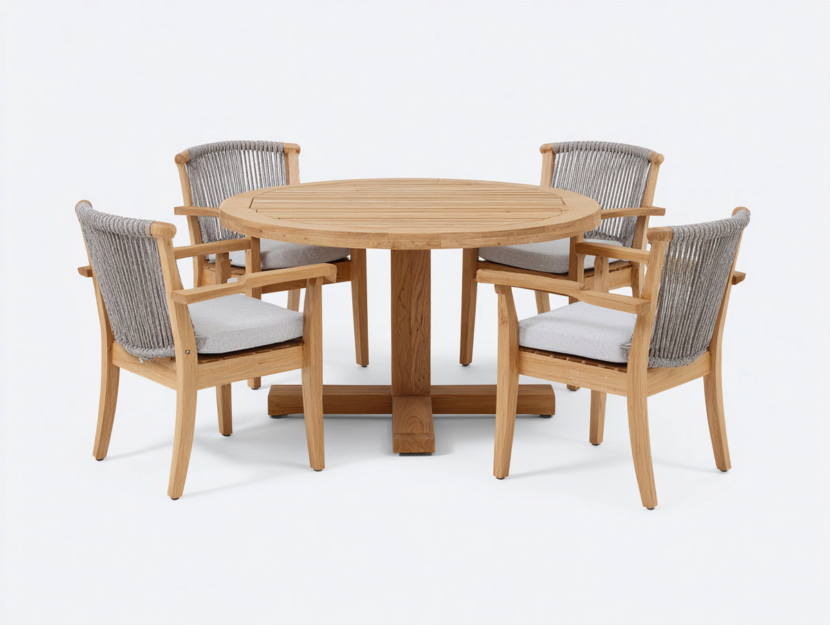 Conjuntos de comedor de jardín de madera 140 x 140 x 75 cm - madera natural y gris - mesa redonda con 4 sillones
